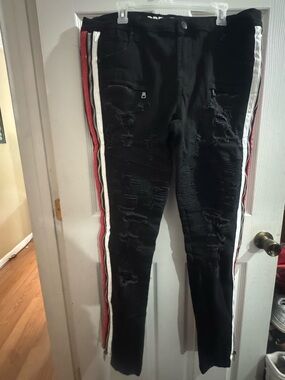 PREME Black Distressed Men’s Pants Leather Red & White Side Stripes and Zippers